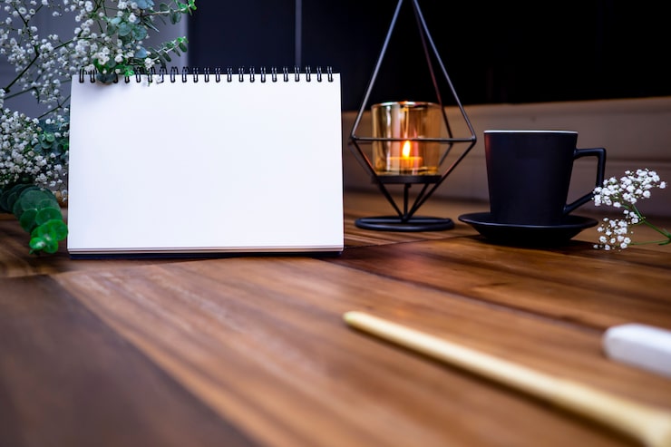 Photo lay plat de cahier blanc vierge avec une tasse de café sur la table en bois.