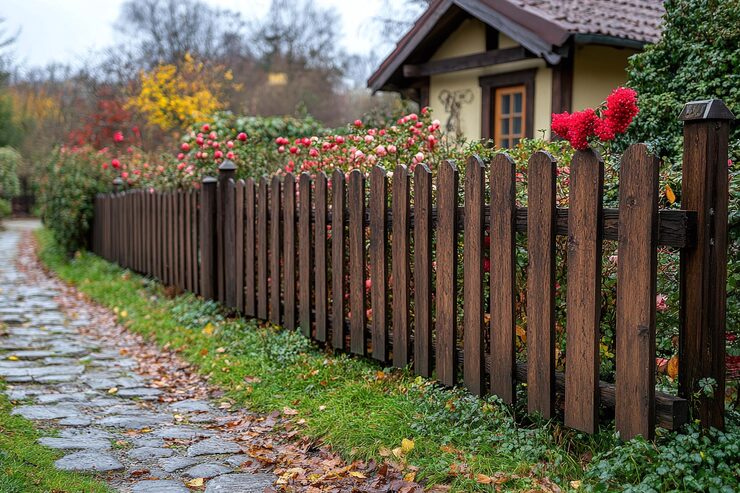 Photo une maison avec une clôture en bois et une maison avec une fleur rouge à l'avant