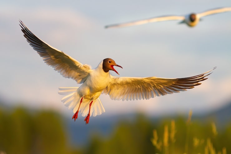 Photo mouette à tête noire planant dans la lumière du soleil du soir d'été