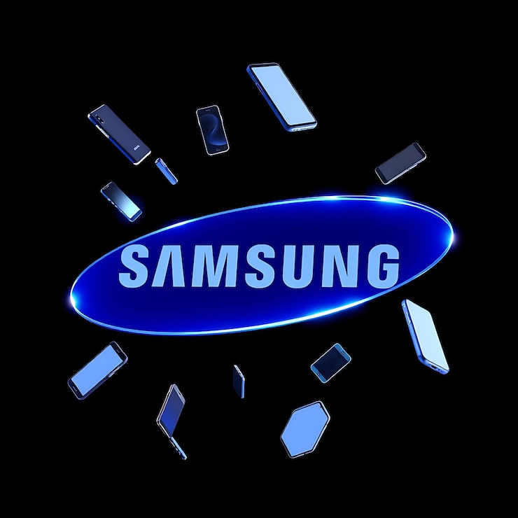 Photo rendre en 3d le logo samsung en bleu saphir transparent flottant avec un doux spin bleu néon et blanc