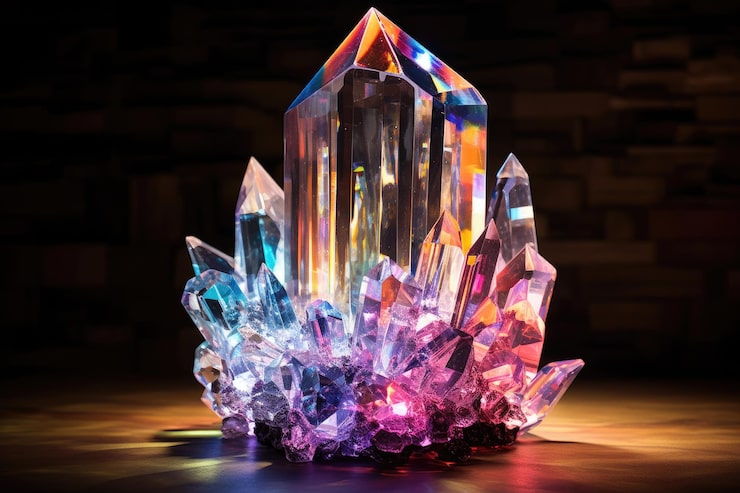Photo une sculpture en cristal à couper le souffle qui déborde d'élégance et de beauté présentée sur une table en bois rustique prisme de cristal réfracteur de lumière ai généré
