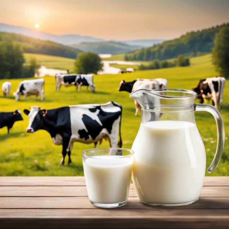 Photo verre et pichet de lait frais sur table en bois avec fond flou fond de jardin vert