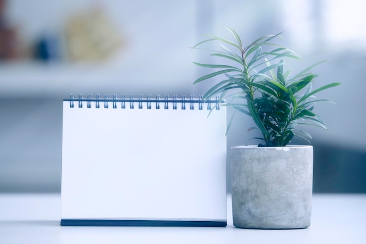 Photo vue rapprochée d'un carnet en spirale par une plante en pot