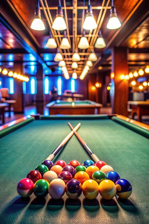 Photo vue rapprochée d'une table de billard avec des balles dans un club de divertissement