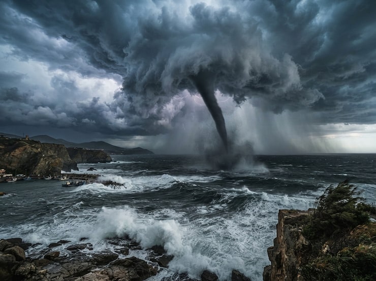Foto dramatiske bølger som slår mot steinete kystlinje under stormfull himmel