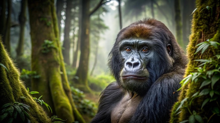 Foto en gorilla i en skog med trær i bakgrunnen