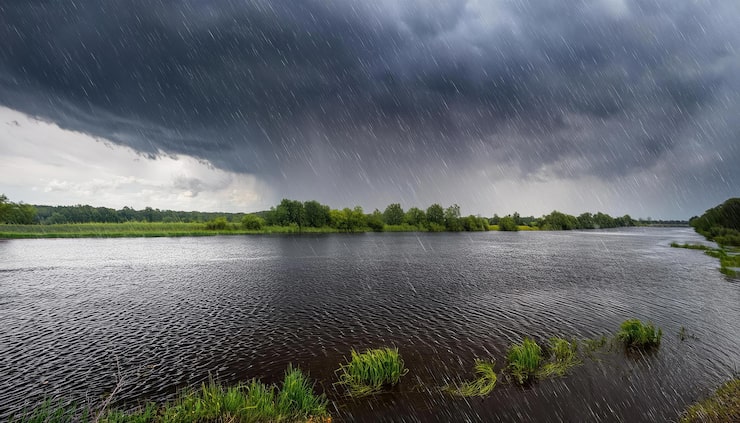 Foto mørke skyer over en elv