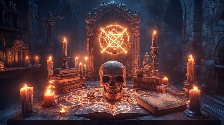 Foto mystisk halloween-helligdom med hodeskallelys og glødende runer