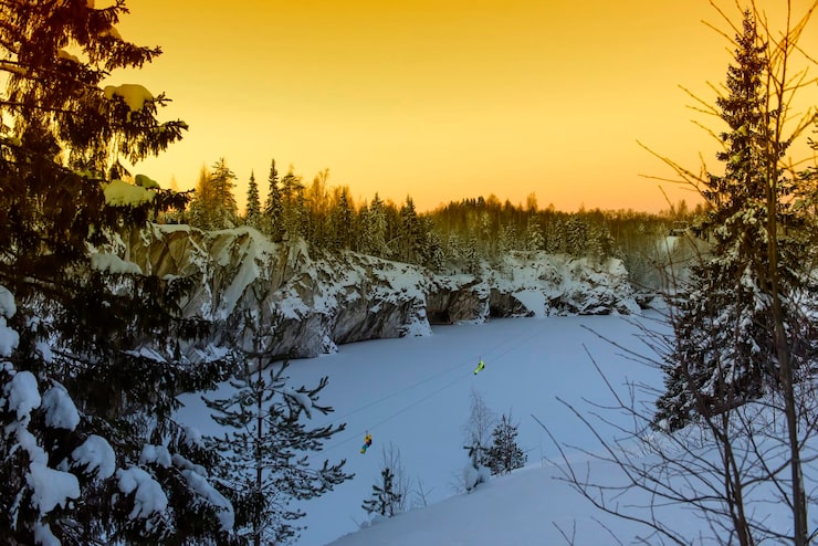 Foto naturskjønn utsikt over snødekte trær mot himmelen under solnedgang