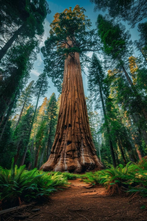 Foto sequoia tree giant pine i nature forest redwood park med sequoia tree kopier plass