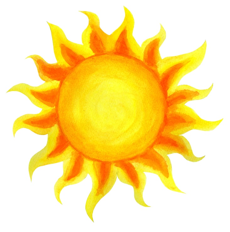 Foto soltegneserie akvarell barns illustrasjon av solen tegnet for hånd isolert på en hvit