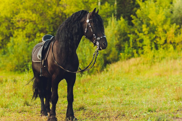 Foto svart hest i bevegelse mot en bakgrunn av vårgrønt