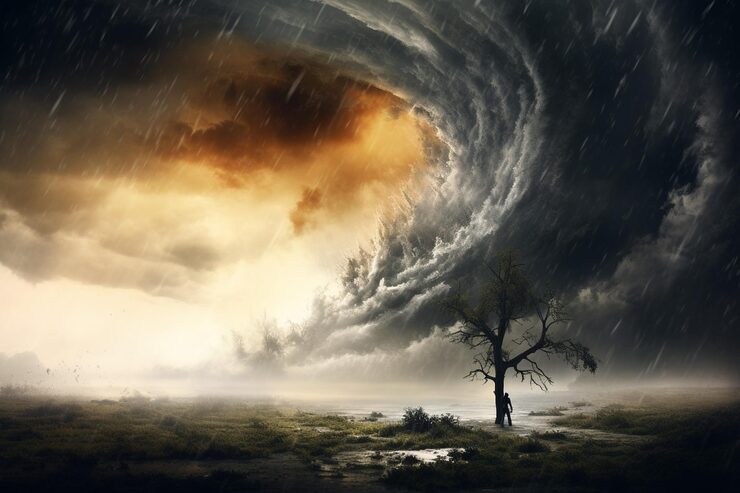 Foto tornado-virvel med en gruppe mennesker som sitter sammen