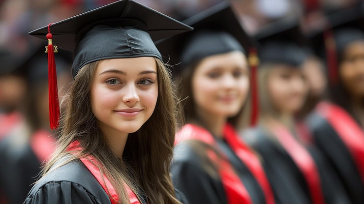 Bild baksida av en utexaminerad tjej i mössa och toga som står bland suddiga klasskamrater på ett ljust college
