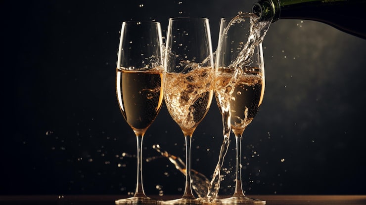 Bild champagne hälls i ett glas med ordet champagne på det