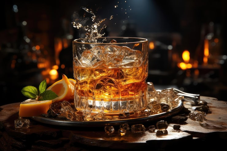 Bild elegant whisky splash i varm kvällsstämning