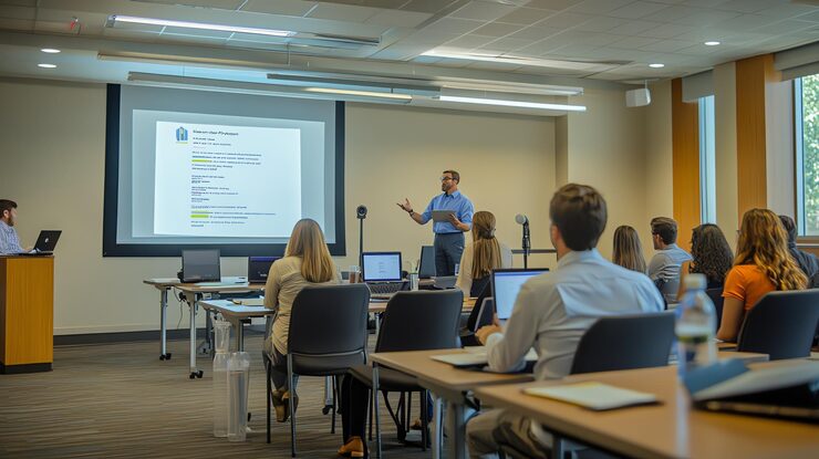 Bild en affärsperson ger en presentation till en grupp uppmärksamma studenter i ett modernt klassrum