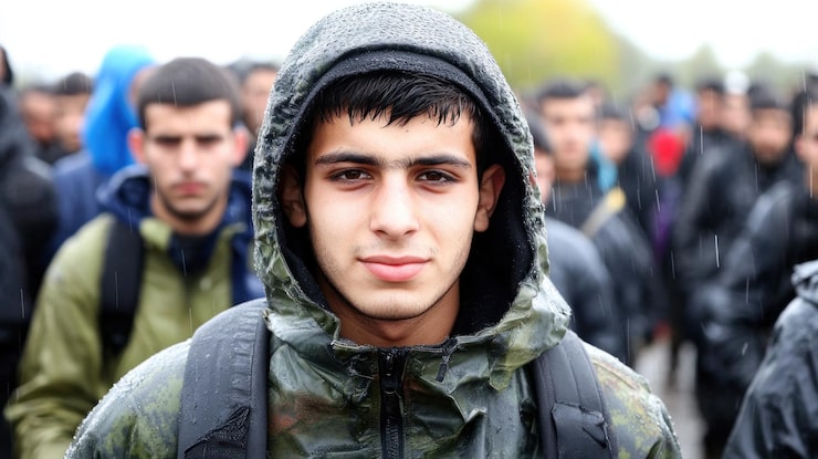 Foto en beslutsom ung migrant står i regnen omgivet af en gruppe individer, mens de navigerer vanskelige forhold, mens de søger en bedre fremtid sammen