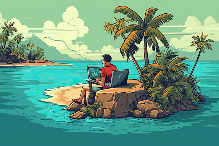 Foto en freelancer sidder på en eksotisk ø og arbejder på en bærbar computer, mens den varme sol og den bløde brise ledsager dem. det smukke landskab inspirerer deres kreativitet. illustration generativ ai