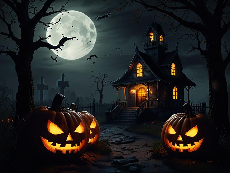 Bild en halloween-scen med pumpor och ett hus i bakgrunden