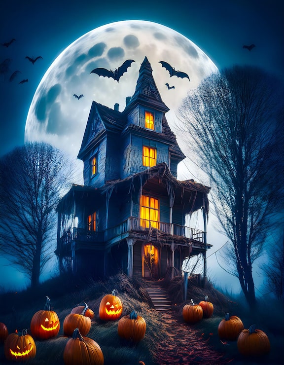 Bild en halloweenaffisch med ett hus på framsidan och en pumpa på framsidan