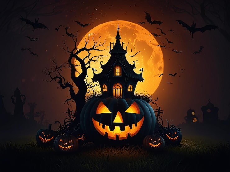 Bild en halloweenpumpa med en fullmåne bakom sig