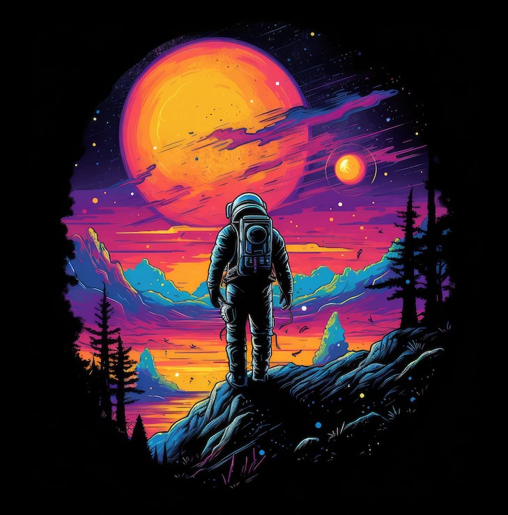 Foto en illustration af en astronaut, der ser på månen.