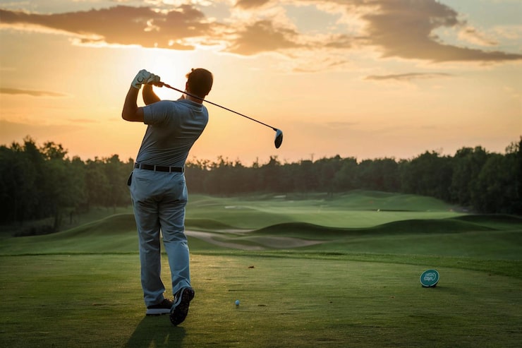 Bild en man spelar golf och ska slå en boll
