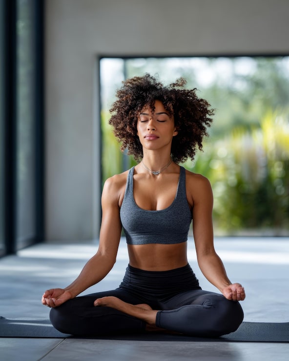 Bild en ung svart kvinna med afro sitter i lotusställning på en yogamatta med slutna ögon och finner lugn och balans i en lugn, solbelyst studio