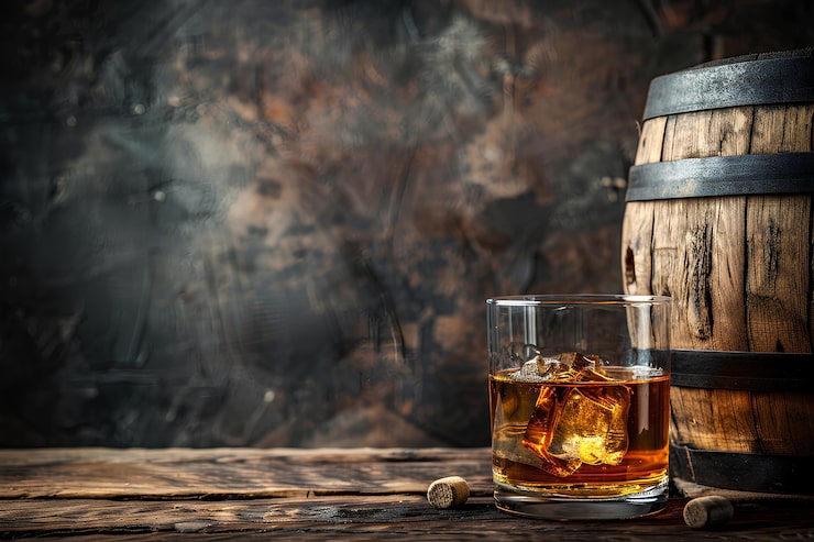 Bild ett glas whisky står bredvid en tunna med en kork i