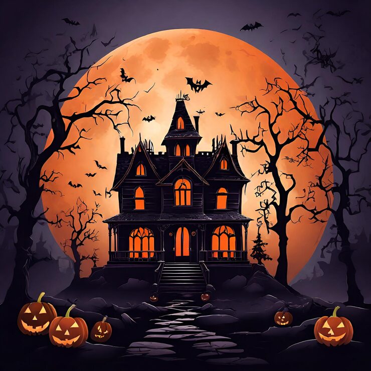 Bild ett halloweenhus med ett hus på framsidan och en pumpa till höger