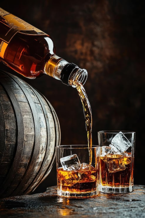 Bild flaska whiskey hälls i ett glas med isbitar bredvid en gammal tunna