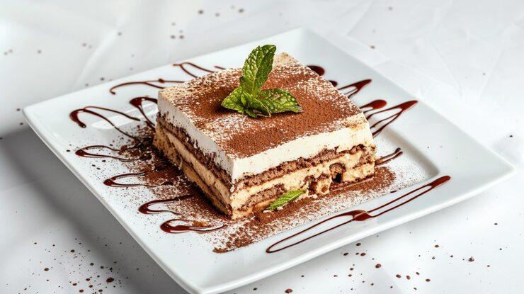 Bild foto av fyrkantig tiramisu beströdd med kakao och hälld med choklad i en sicksackform
