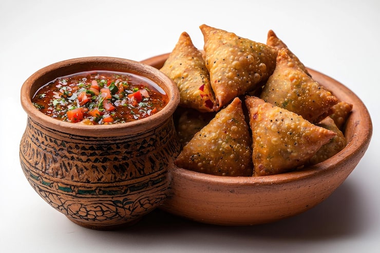 Bild friterade samosas i en terrakottaskål med en matchande salsaskål