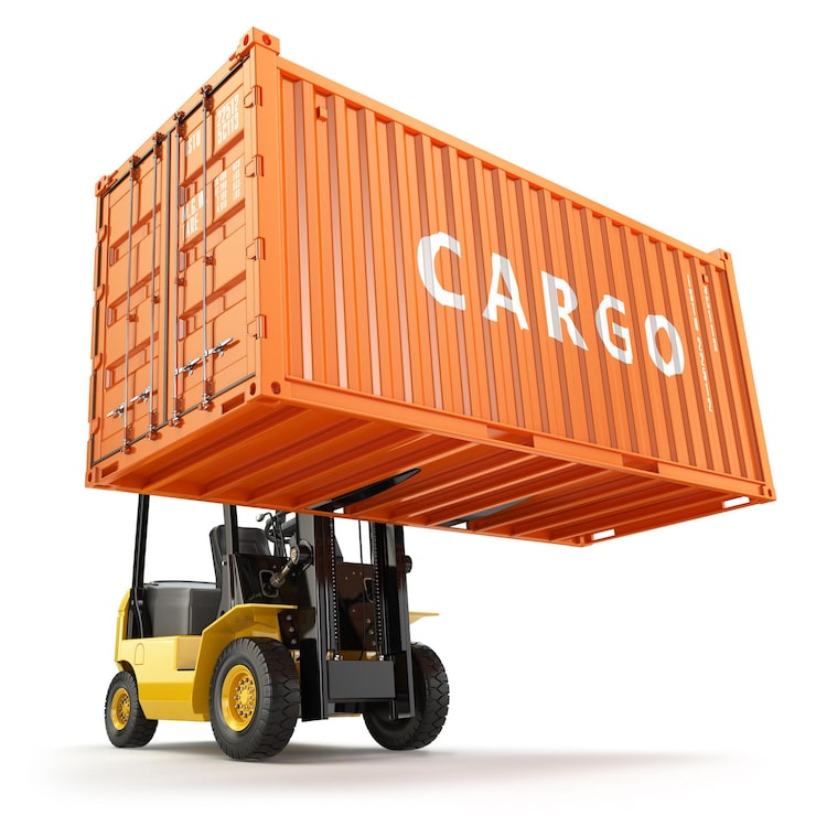 Foto gaffeltruck håndterer fragtcontainerboksen. 3d