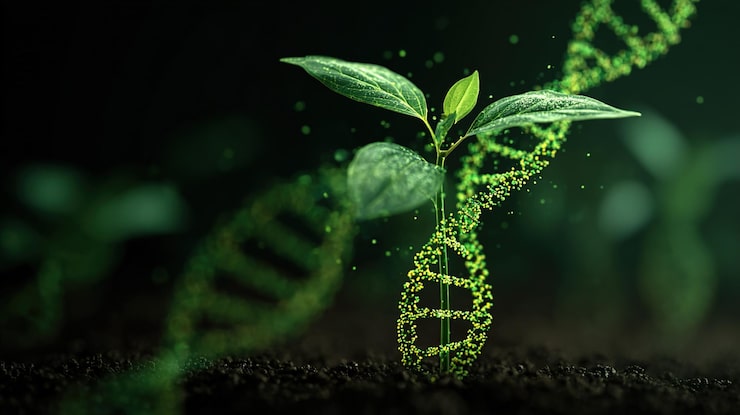 Bild genetisk tillväxt dna-helix sammanflätad med en groende växt