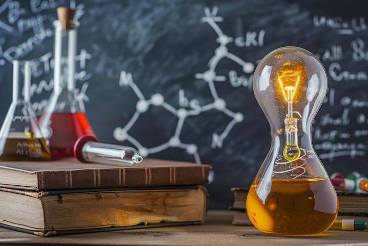 Bild glödlampa och böcker på bordet i vetenskapsklassrummet idé om inspiration från att läsa innovationsidé