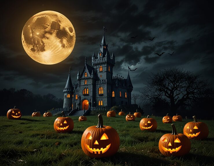 Bild halloween-atmosfär med slott och pumpor på natten
