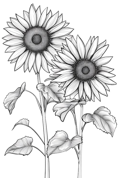 Bild illustration av tre solrosor med blad i svartvitt