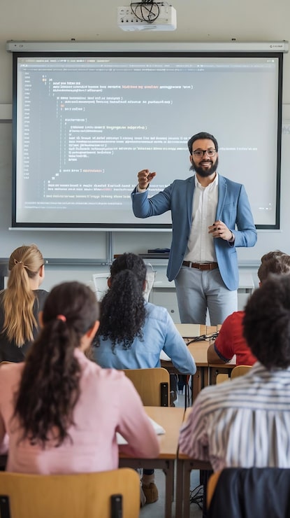 Bild lärare ger datavetenskapsföreläsning till en mångskiftande multi-etnisk grupp av kvinnliga och manliga studenter i