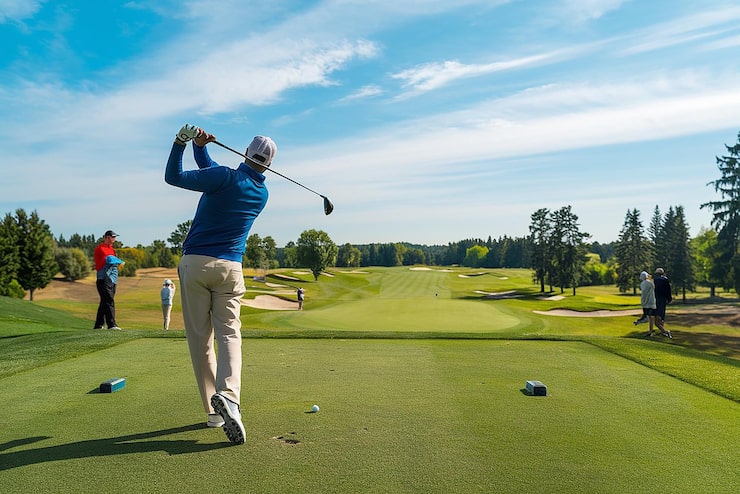 Bild man spelar golf på vacker solig grön golfbana