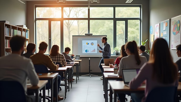 Bild motiverade studenter i en modern klassrumsmiljö