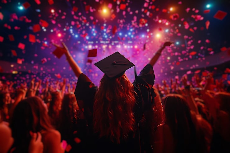 Bild neon streamer mössa lyser upp grattis på examensdagen scen glödande linje ljusa färgstänk