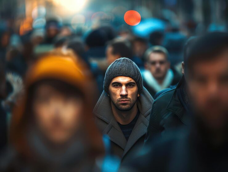 Foto person let ude af fokus i en mængde, der symboliserer monachopsis den subtile, men vedvarende følelse af at være malplaceret