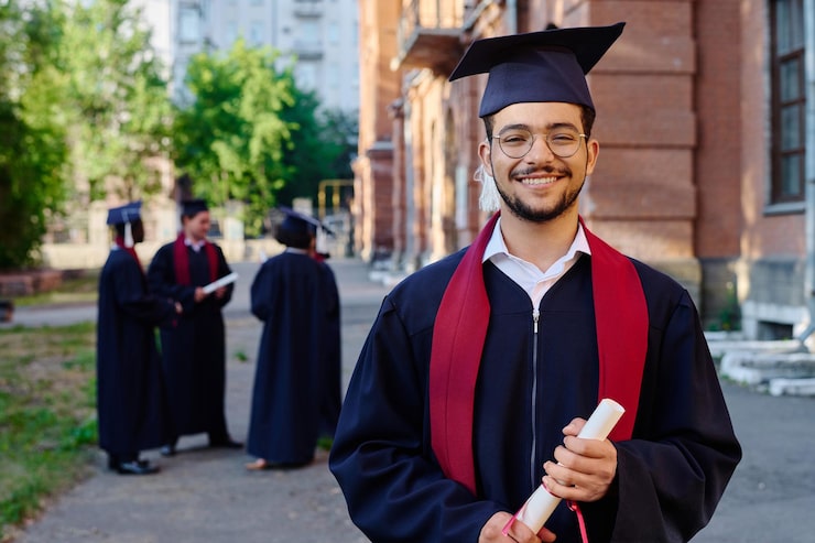Bild porträtt av student i kåpa som ler mot kameran medan han står utomhus mot universitetet