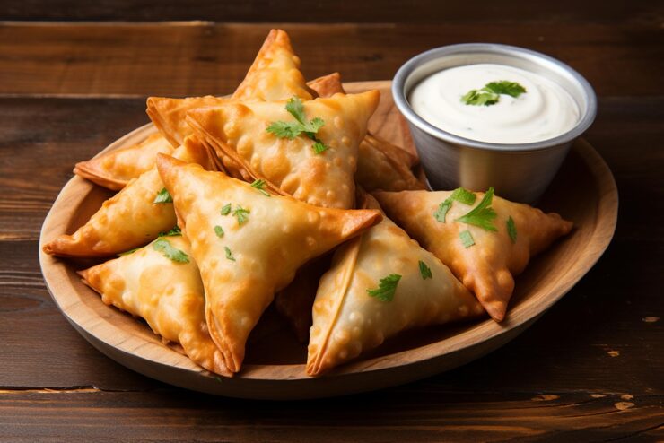 Bild samosas – foto med en sida yoghurtsås