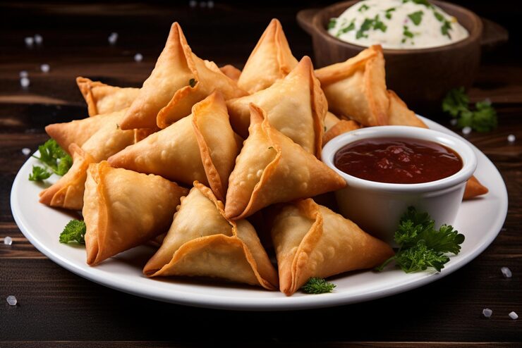 Bild samosas foto på en vit keramisk tallrik