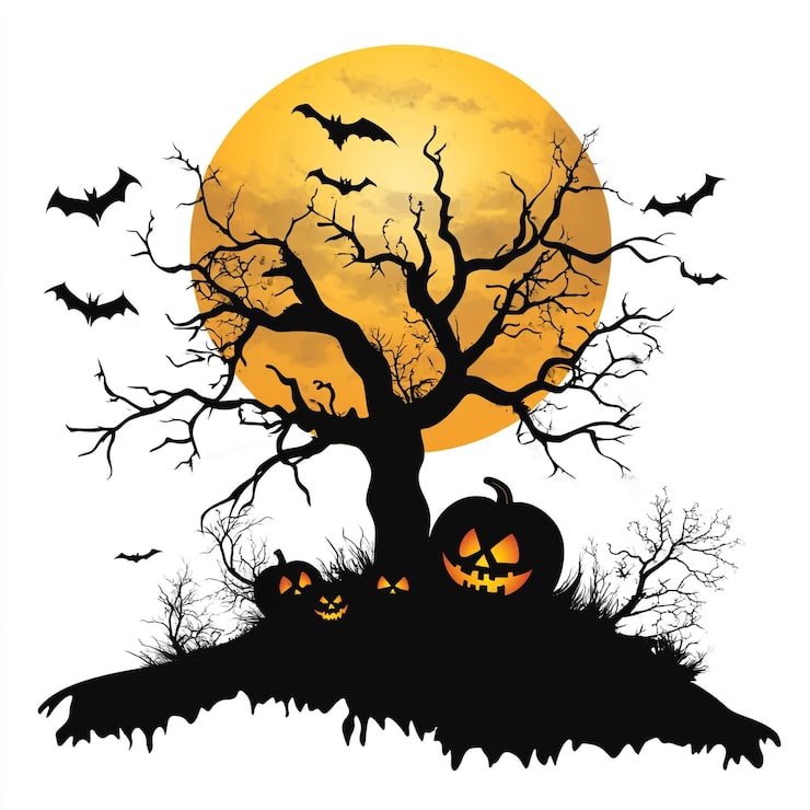 Bild spöklik halloween-scen med fullmåne, fladdermöss, läskigt träd och pumpa