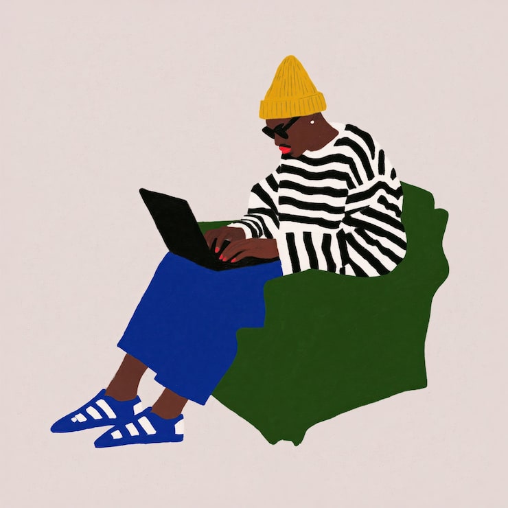 Foto stilfuld person bruger bærbar computer i moderne flad illustration