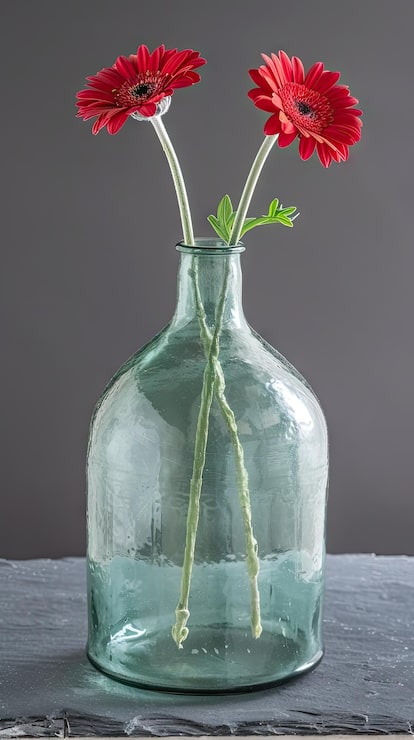Foto to røde gerbera-tusindfryd i en tom glasvase mod en simpel mørkegrå baggrund